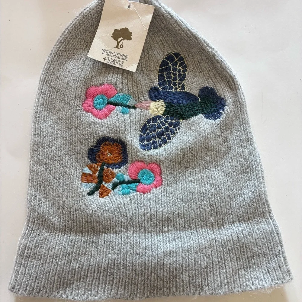 Tucker + Tate Kids Gray Embroidered Bird Floral Beanie